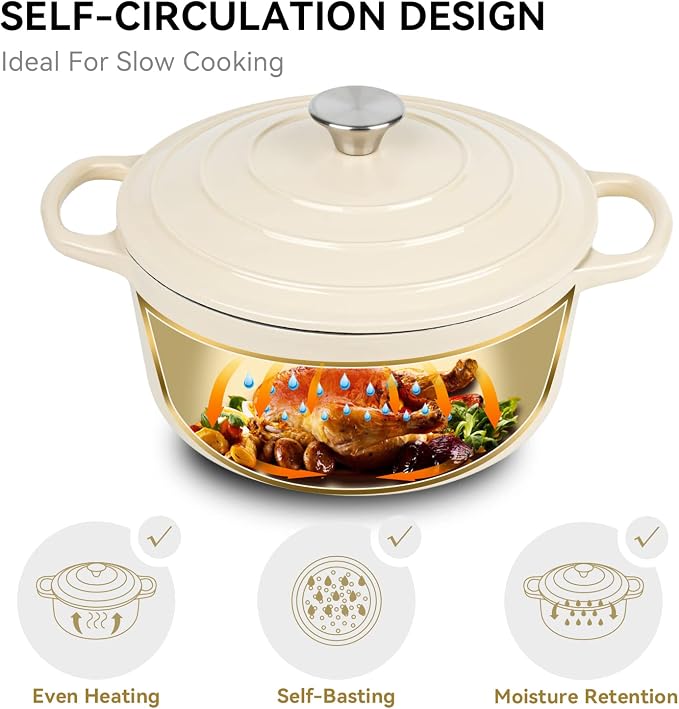 Miereirl 6 Quart Enameled Dutch Oven Pot with Lid, Cast Iron Dutch Oven with Dual Handles for Bread Baking, Cooking, Non-stick Enamel Coated Cookware (Beige)