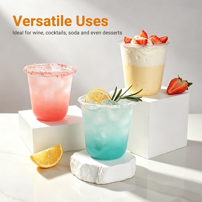 100 Pcs 12 oz Round Bottom Plastic Cups, Crystal Clear Disposable Stemless Wine Glasses Cocktail Cups for Party, Wedding, Birthday, Catering Cold Drinks