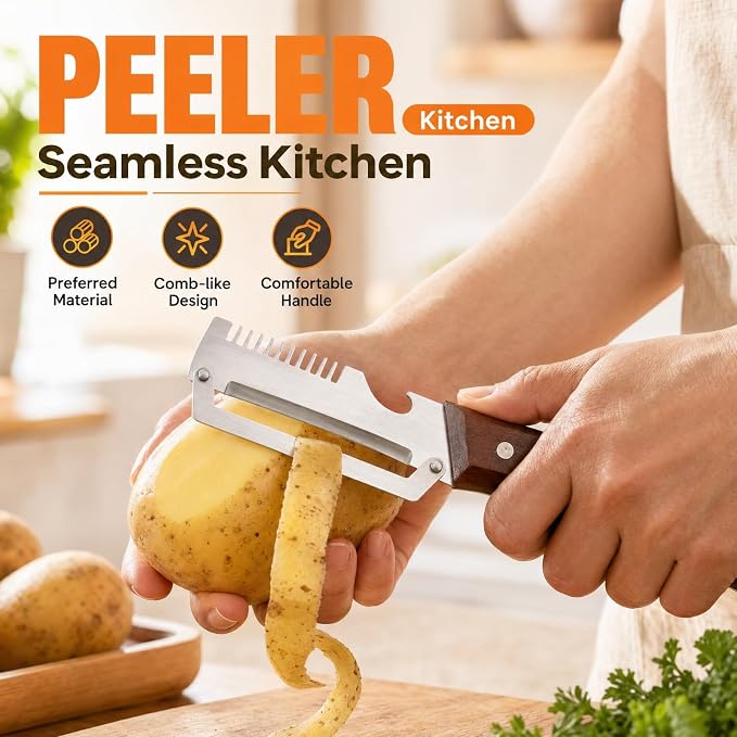 Multifunctional Vegetable Peeler with Wooden Handle | Bottle Opener, Vegetable Slicer, Cabbage Shredder, Stainless Steel, Kitchen Essentials 2026