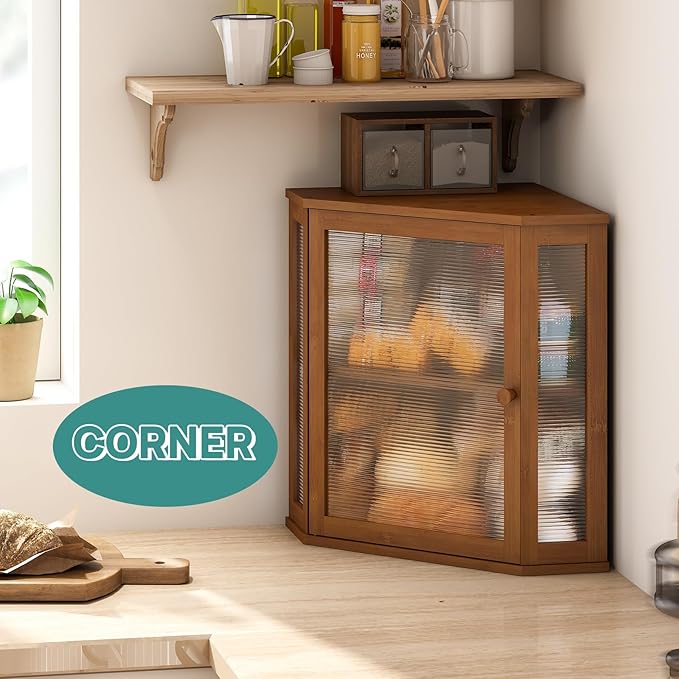 viewcare Corner Bread Box for Kitchen Counter, Bamboo Wood Large Capacity Bread Storage Bin with Acrylic Wavy Door Panel (Brown, Extra Large)