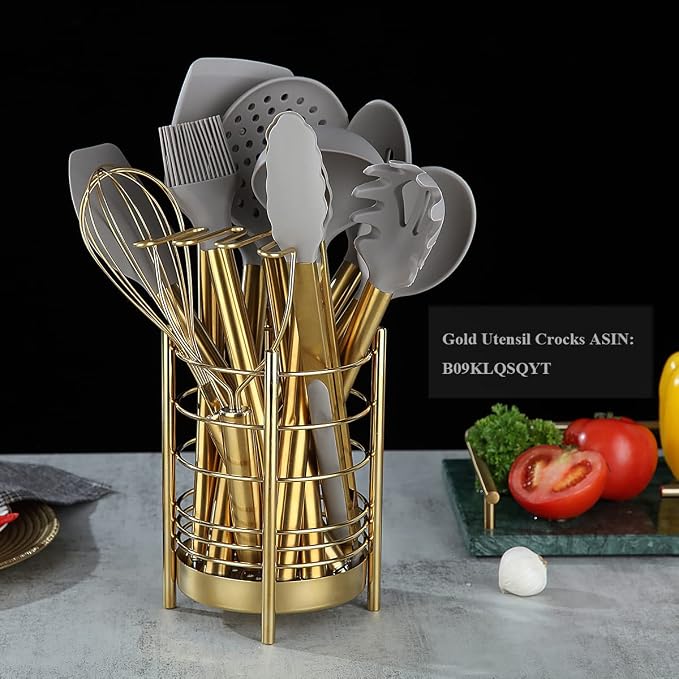 38 Piece Silicone kitchen Cooking Utensils Set with Utensil Rack, Silicone Head and Stainless Steel Handle Cookware, Kitchen Tools for Utensil Sets, Non-Stick kitchen Gadgets, Dishwasher Safe (Gold)