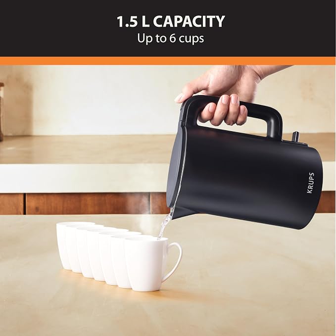 KRUPS 1.5L Electric Kettle Stainless Steel Cool Touch Interior, Fast Boiling, One Cup in 80 Seconds, Double Wall, Auto Off, Keep Warm, Hot Water Kettle Electric, Cordless, Black/White