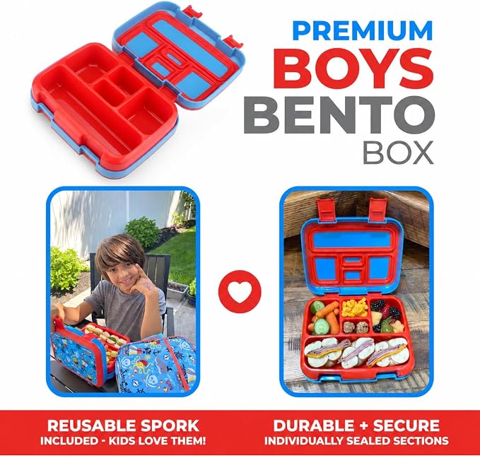 kinsho Bento Lunch Box Container for Kids, Boys Age 3 to 5, Blue Pirates | 5 Portion Sections, BPA-Free Spill-Proof Leakproof Removable Plastic Tray, Snacks and Lunches for Toddlers Pre-School Daycare