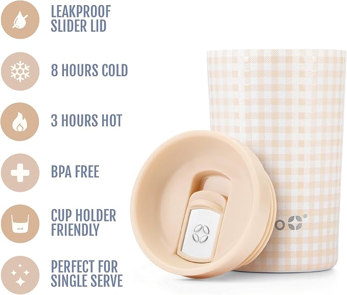 Ello Jones 11oz Insulated Stainless Steel Leakproof Travel Mug, Beige Gingham