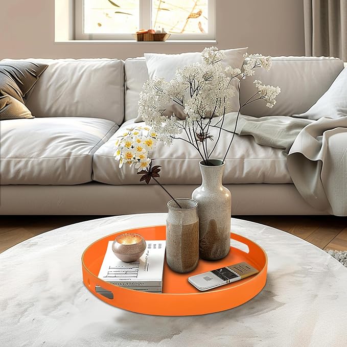 13" Orange Decorative Tray, Plastic Round Serving Tray with Handles | Decorative Tray for Coffee Table, Modern Ottoman Tray, Circle Tea Tray, Round Melamine Tray for Living Room, Bathroom