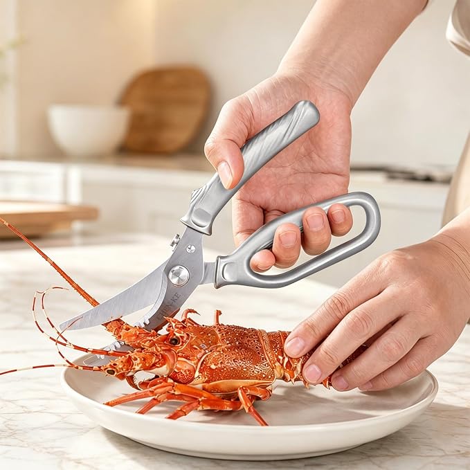 CHEN-KE Rust Resistant Heavy Duty Multipurpose Kitchen Shears-Silver | Stainless Steel Kitchen Scissors, One-Hand, Ergonomic Grip, Sharp Durable Poultry Scissors for Chicken, Meat, Food Cutting