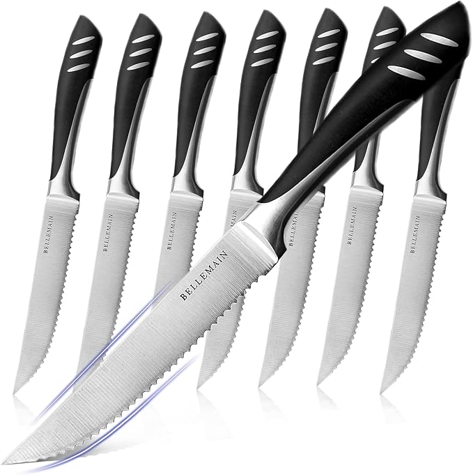Bellemain Steak Knife Set of 8, Serrated Stainless Steel, Dishwasher Safe | Ergonomic Handle Design, Rust-Resistant Blades, Precision Serrated Edges, Enhanced Dining Experience at Home & Restaurants