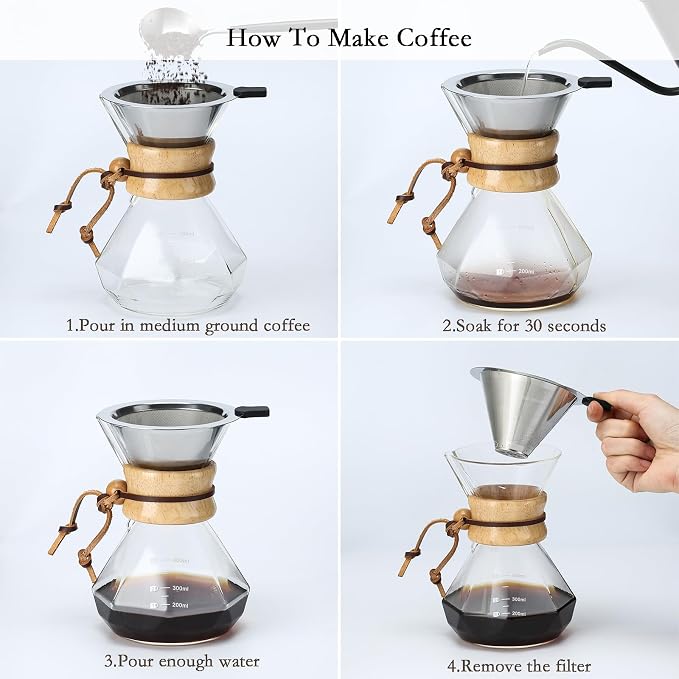 Lalord Pour Over Coffee Maker, 600ml/20oz Borosilicate Glass Carafe with Stainless Steel Filter & Wooden Collar, 3-4 Cups Capacity, Clear