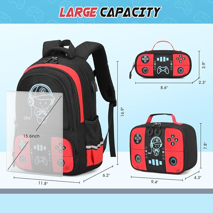 Backpack for School Boys, Cool Luminous Gamer Boys Schoolbag | with Lunch Box & Pencil Case Set for Kids Teens Elementary Middle School, Bookbag Glow In The Dark