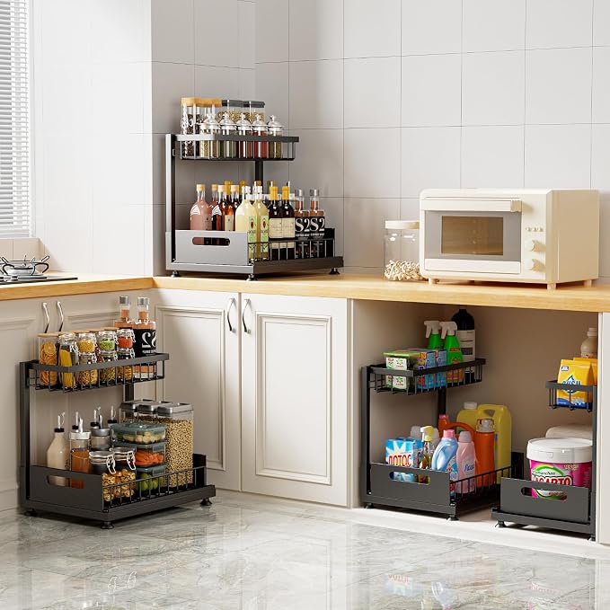 L-Shaped Under Sink Organizer, 2-Tier Pull-out Cabinet Rack 1-Pack | Black Height-Adjustable Steel Rack, Sliding Grid Drawers with PP Liners, Holds 100 Lbs, Suction Base, Ideal Kitchen Storage