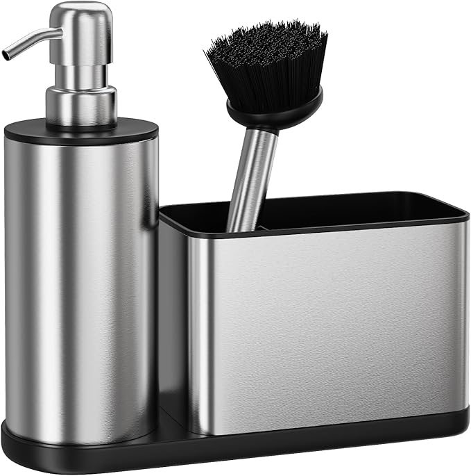 Kitchen Sink Caddy Organizer Stainless Steel Dish Soap Dispenser Set-3 in 1 | Kitchen Soap Dispenser,Sponge Holder for Kitchen Sink with Dish Brush,Dish Brush Holder-Rustproof,Multifunctional