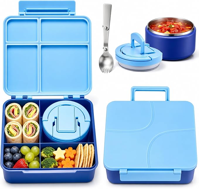 Bento Lunch Box for Kids with 8oz Soup Thermo,Kids Leakproof Lunch Food Containers with 4 Compartment,Kid Insulated Thermo Hot Food Jar for School,Trvael-Blue