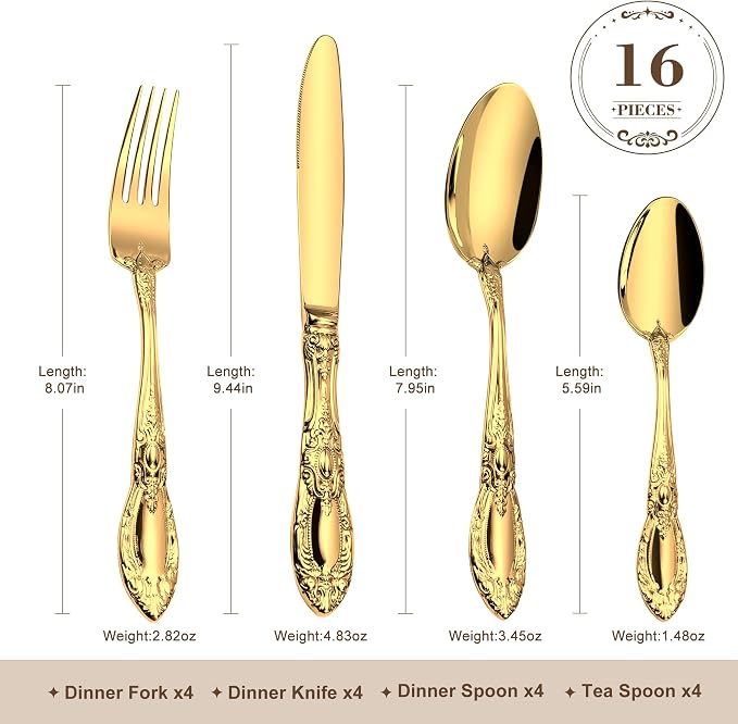 OSVSEE Vintage Silverware Set, 18/10 Stainless Steel Flatware Set for 4 | Heavy Duty Flatware with Royal Palace Handles, Mirror Polished Cutlery, Dishwasher Safe Silverware for Weddings & Gift Giving
