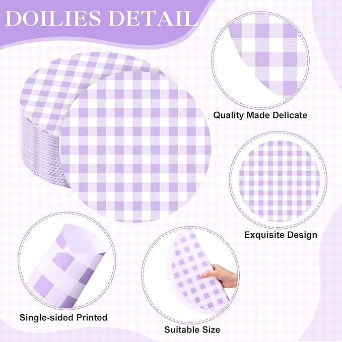 Funnymoom 60 Pcs Purple and White Gingham Disposable Paper Placemats Round Table Place Mat Summer Checkered Decorative Paper for Baby Shower Wedding Birthday Party Dinner Table Decor