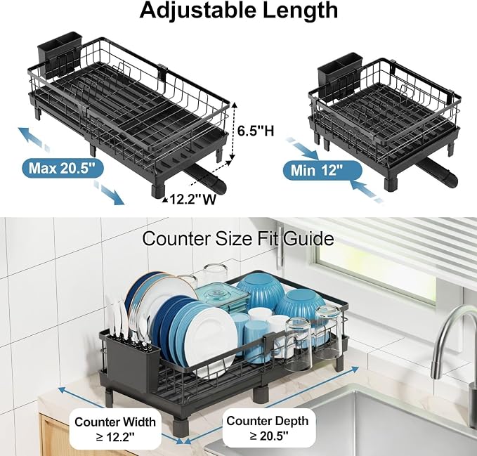 Expandable Dish Drying Rack - Compact with Drainboard, Black | 12-20.5 in Adjustable Length, 360° Rotating Drain Spout, Cup & Utensil Holder, Rust-Resistant, Ideal for Small Kitchens & RVs