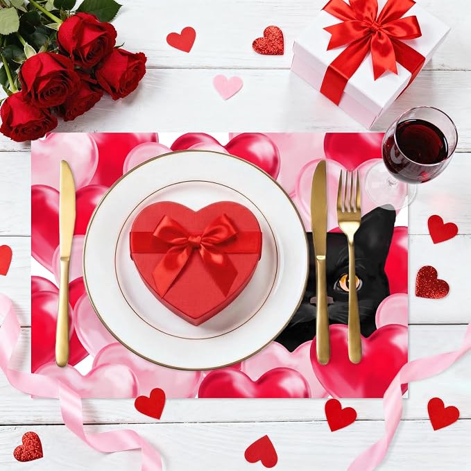 Cute Cat Themed Valentine's Day Paper Placemats, 50 Pcs Disposable Love Heart Table Mats for Couples Dinner, Holiday Party Table Decor
