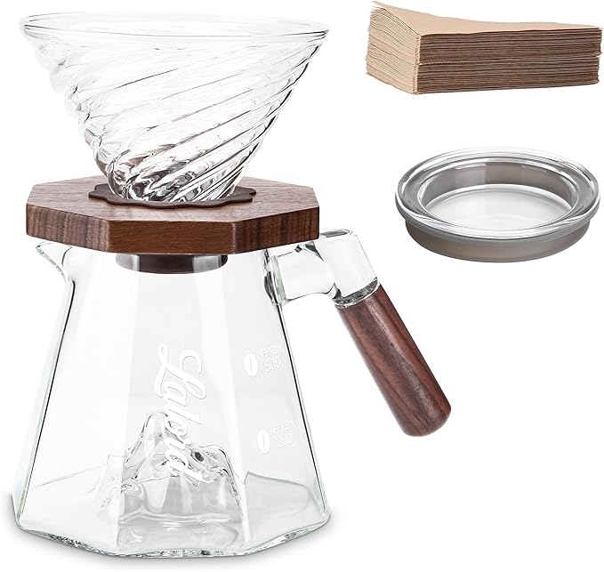 Lalord Pour Over Coffee Maker, 600ml/20oz Borosilicate Glass Set, 100 Paper Filters, Walnut Collar & Glass Lid, 1-3 Cups, Clear (B-600ml Set)