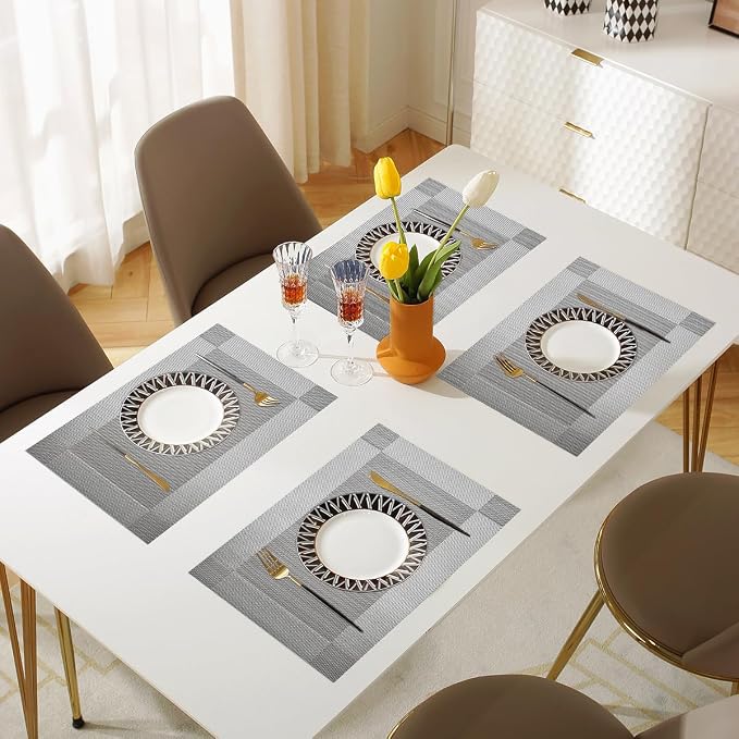 Vinyl Placemats Heat-Resistant Table Mats Washable Easy Clean Plastic Placemats for Dining Table Set of 6 (Gray)