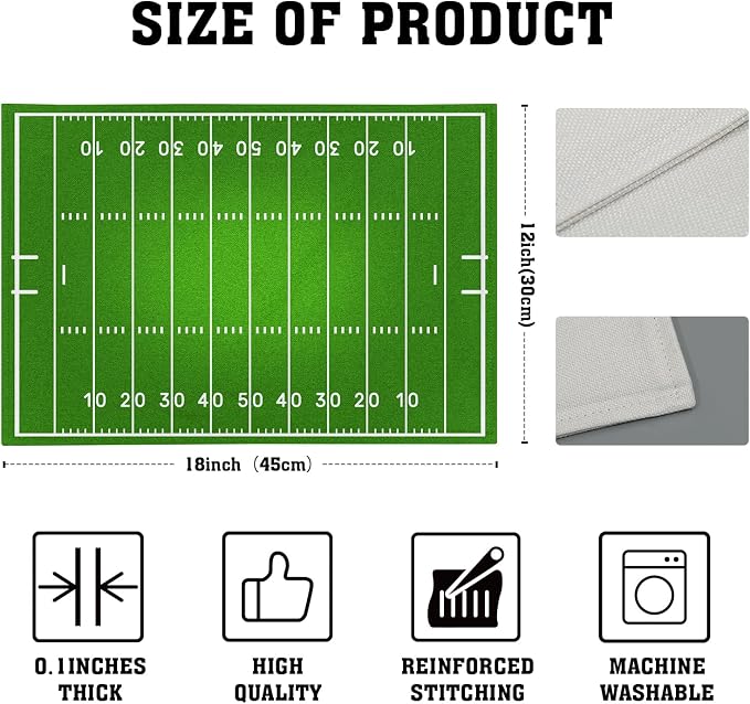 Football Placemats Set of 6 18x12 Inch Football Field Sport Themed Linen Place Mats Heat-Resistant Washable Wipeable Green Table Mat for Party Kitchen Dining Room Dinner Table Decor