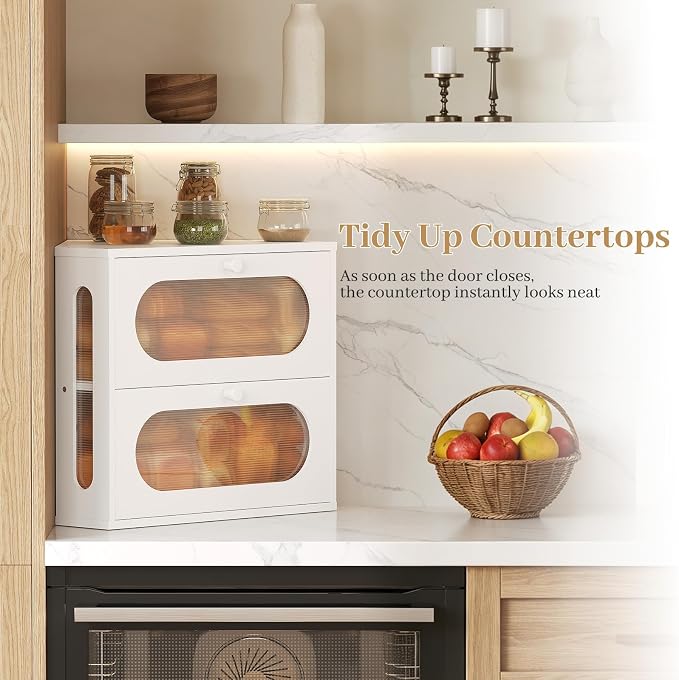 Corner Bread Box for Kitchen Countertop, 2026 New Double Layer Bamboo Bread Storage Bin, Large Bread Container for homemade bread (White)