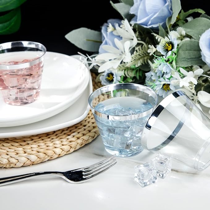 IOOOOO 200pcs Silver Disposable Plastic Cups 9 oz Clear Plastic Cups Old Fashioned Tumblers Silver Rim Cup Disposable Party Cup Elegant Silver Wine Glasses Cocktail Cup
