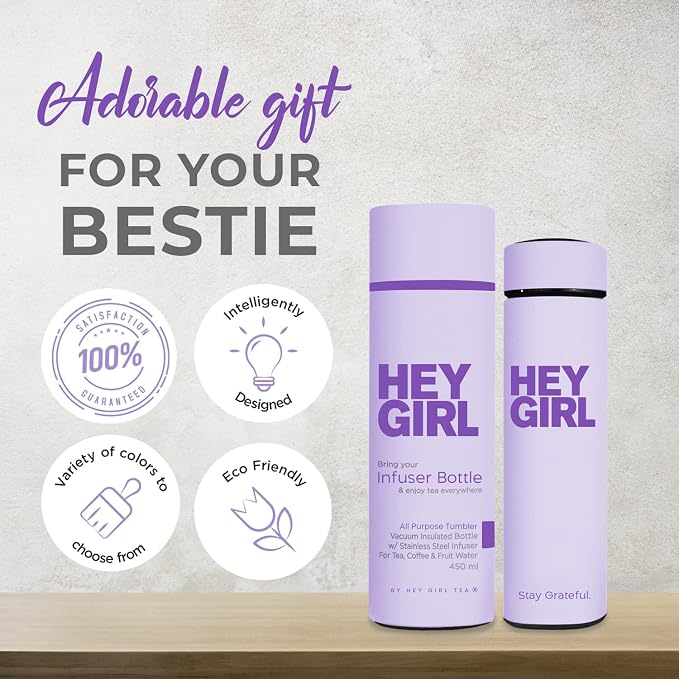 Hey Girl Tea Infuser Bottle 450ml - Insulated Stainless Steel Water Bottle - Tea Tumbler with Tea Diffuser - Portable Travel Mug for Loose Leaf Tea & Infused Water - Tea Lovers Gifts for Women