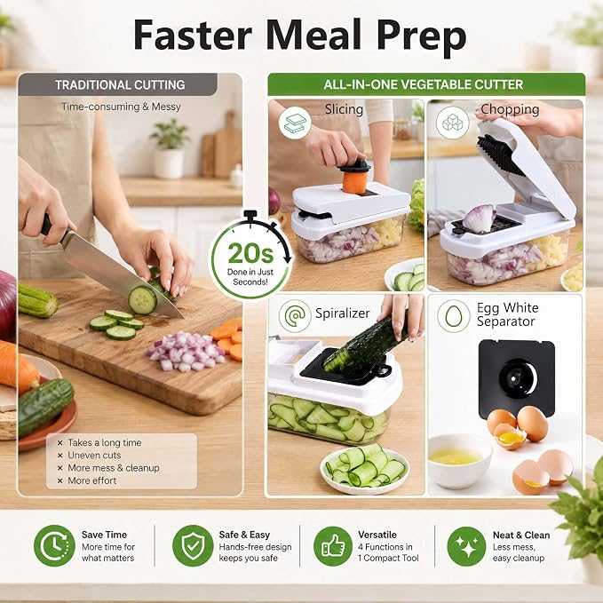 18-in-1 Vegetable Chopper Mandoline Slicer for Kitchen, Food Chopper with Container, Veggie Cutter, Onion Mincer Tomato Dicer, Fruit Slicer Spiralizer, Cheese Grater, Kitchen Gadgets House Essentials
