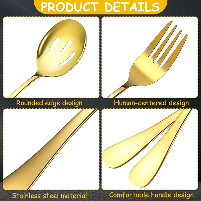 12 Pcs Gold Serving Utensils Set Include Stainless Steel Large Serving Spoons Slotted Spoons Forks Soup Ladle Pie Server - Metal Utensils for Parties Buffet Catering, Dishwasher Safe