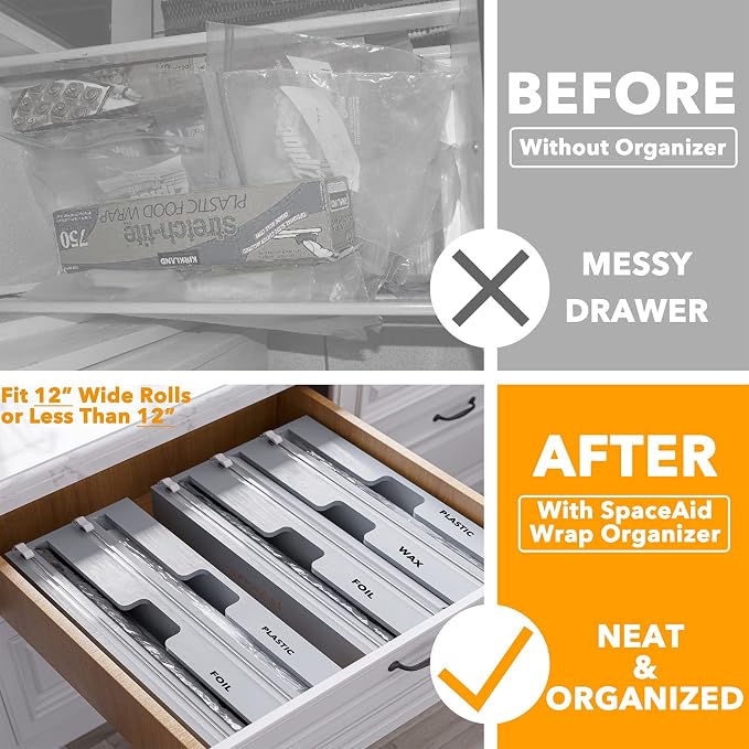 SpaceAid WrapNeat 3 in 1 Wrap Organizer with Cutter and Labels, Plastic Wrap, Aluminum Foil and Wax Bamboo Dispenser for Kitchen Storage Organization Holder for 12" Roll (Gray)