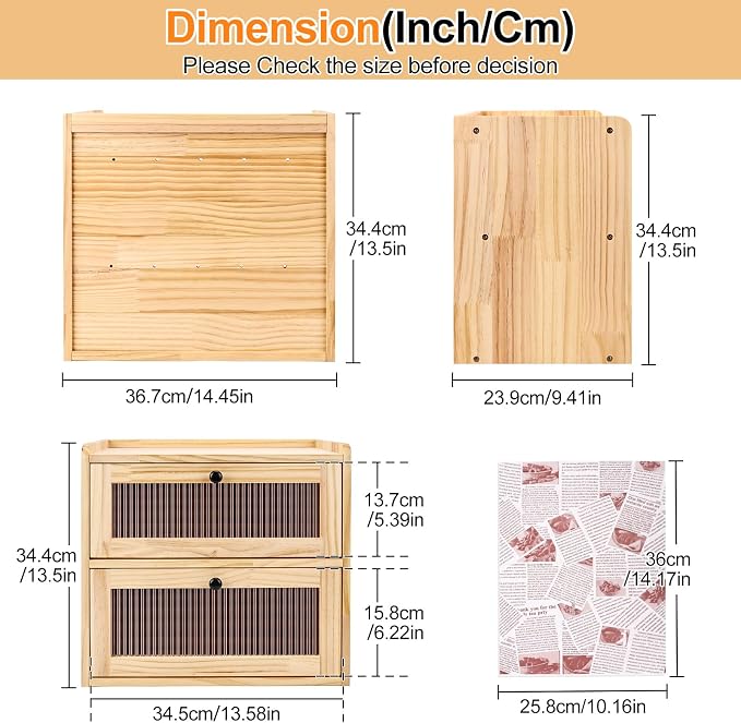 Alpeir Wooden Bread Box for Kitchen Countertop, Large Double Layer, Nature | Food-Safe Pine Wood, Double-Row Ventilation, Strong Acrylic Window, Raised Top Shelf, Easy Care, Farmhouse Corner Container