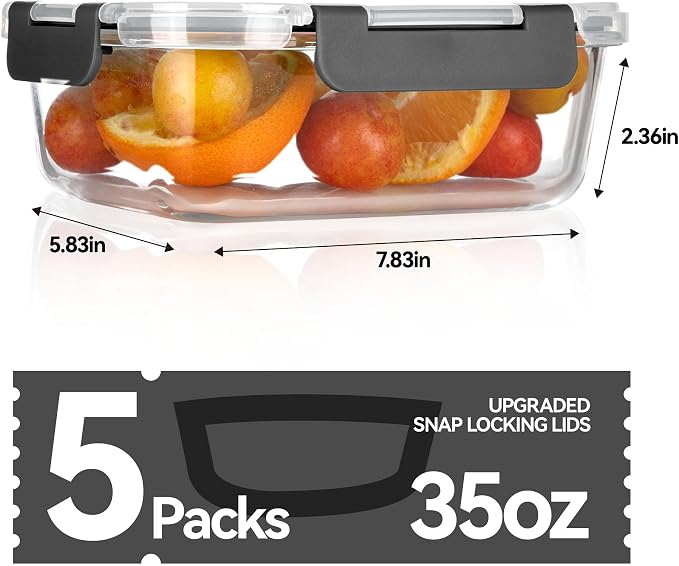BAYZZ 5 Pack 35 Oz Glass Food Storage Containers with Lids, Gray | Glass Meal Prep Containers, Lunch Boxes with Airtight BPA-Free Lids, Microwave, Freezer and Dishwasher Safe