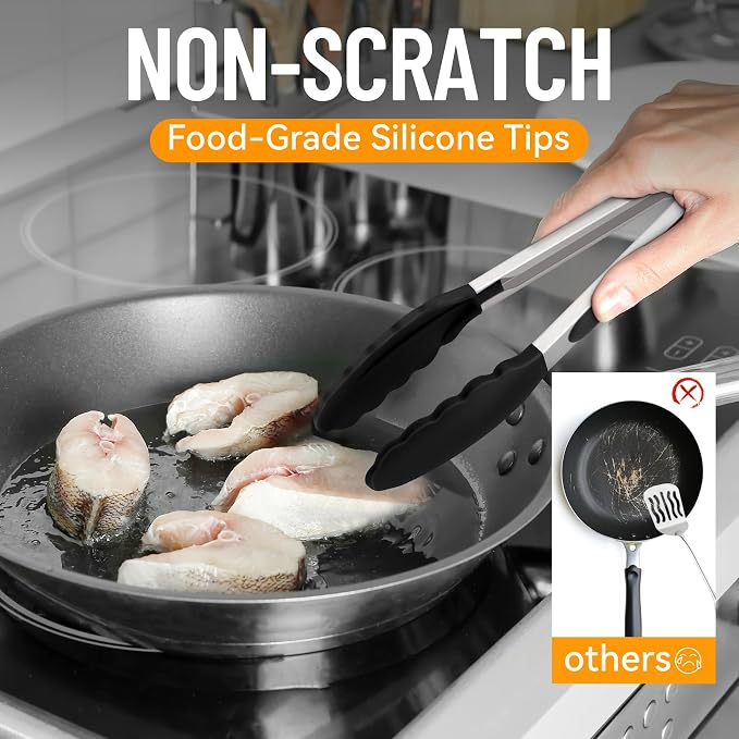 Hotec Silicone Serving Tongs for Cooking 9-Inch Kitchen Tongs with Silicone Tips, Set of 3 (Black)