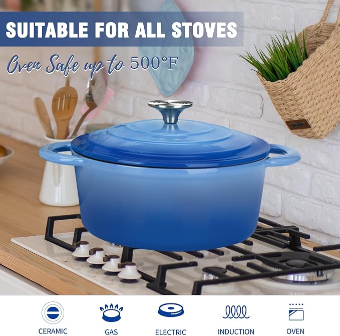 5QT Cast Iron Dutch Oven with Lid, Heavy-Duty Enameled Soup Pot with Dual Handles and Oven Safe for Bread Baking, Braising, Cooking and Family Gifts, Blue