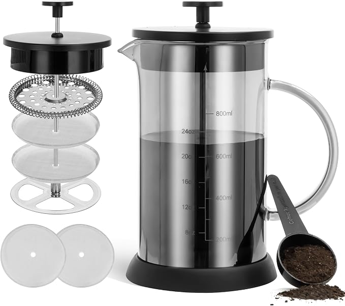 YMMIND 34 Ounce French Press Coffee Maker, 5-Cup Espresso Coffee Maker, Grey Cold Brew Heat Resistant Thickened Borosilicate Coffee Pot with 4 Stainless Steel Filter Screens
