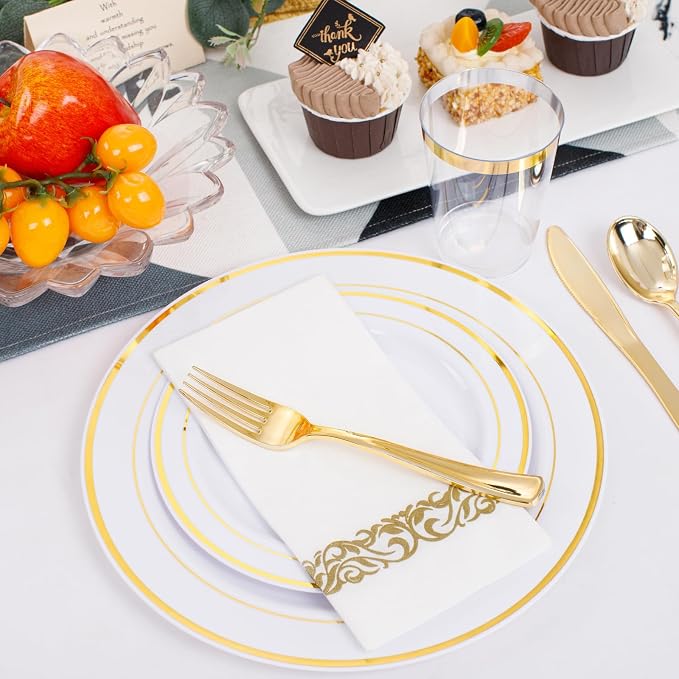 350 Pieces White and Gold Plastic Plates - 50 Guest Dinnerware Set Include 100 Plates, 50 Gold Plastic Silverware, 50 Paper Napkins and 50 Cups for Wedding/Baby Shower/Birthday/Party