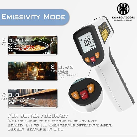 KNINE OUTDOORS Infrared Thermometer Gun, -58℉ to 1112℉ | Temp Gun, Laser Temperature Gun, for Cooking, Oven, BBQ, Griddle, Meat, HVAC Engine, Distance to Spot Ratio 12:1, White