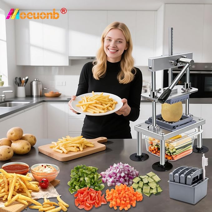 Moeuonb French Fry Cutter for Potatoes Vegetable Chopper for Tomatoes Fruit | 4 Replaceable blades, Stainless steel Construction, 10x Labor Saving Lever, Quick Change blade, Configure Food Container