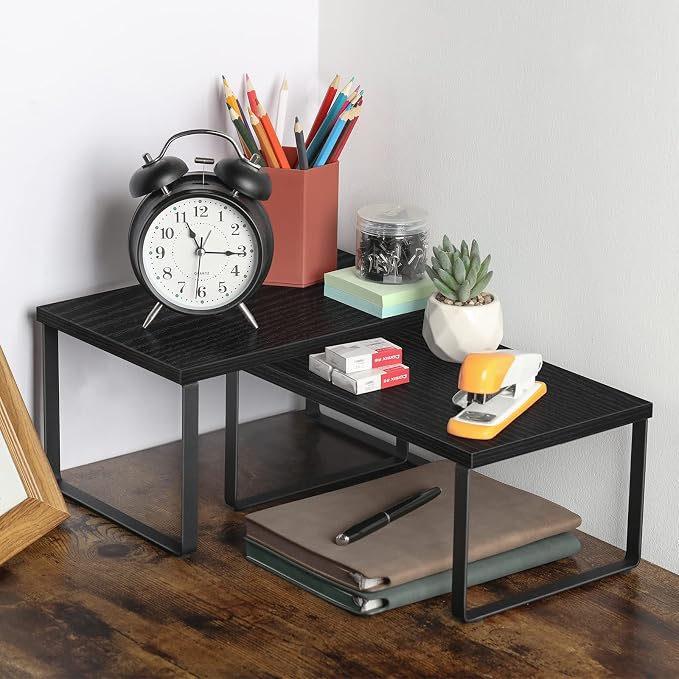 CADUKE Set of 4 Kitchen Counter Shelves, Cabinet Organizer, Black | Wood Countertop Shelves, Stackable Shelf Organizer, Expandable Cabinet Shelf, For Pantry, Industrial