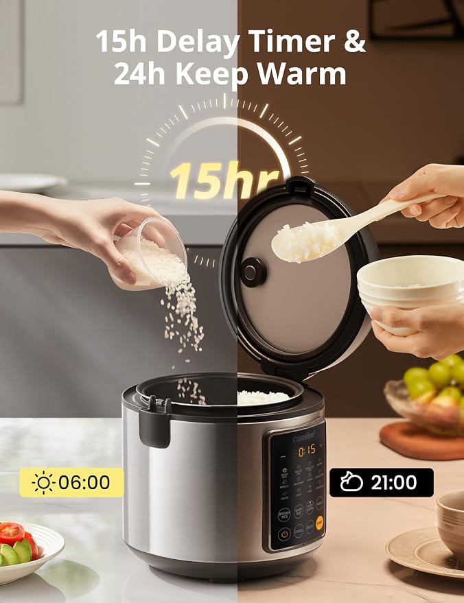 COMFEE' 14-in-1 Rice Cooker, Stainless Steel, 10-Cups Uncooked Rice