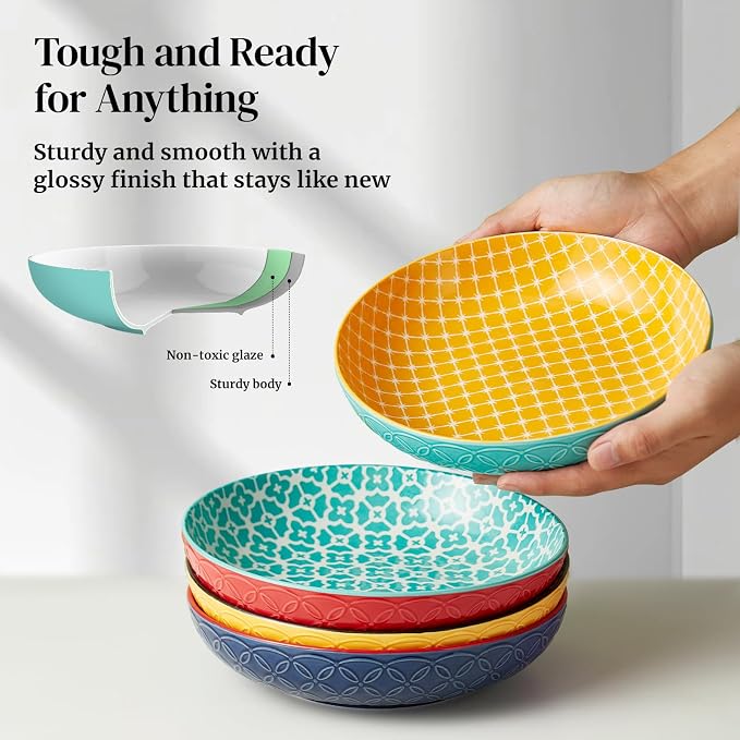 DOWAN 8.5" Vibrant Pasta, Salad & Soup Serving Bowls Set of 4, Embossed Large Porcelain Ceramic, Microwave, Oven & Dishwasher Safe, Bonita Design Perfect for Daily Dining, Family Gatherings, Party