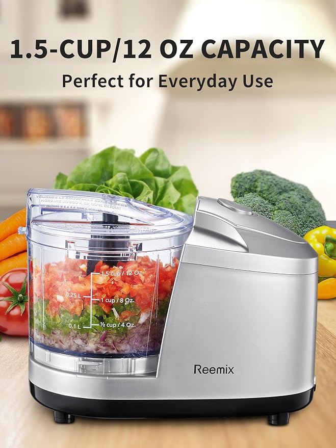 Reemix 1.5-Cup Electric Food Chopper, 100W Mini Food Processor Meat Grinder | One-Touch, Mix, Chop, Mince and Blend Vegetables, Fruits, Nuts, Meats, Stainless Steel Blade (Silver)