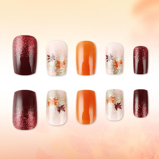 Fall Press on Nails Medium Square Fake Nails with Plaid Maple Leaves Glitter Designs Nails Press ons Orange Brown Acrylic Nails Full Cover Stick on Nails for Women 24 Pcs