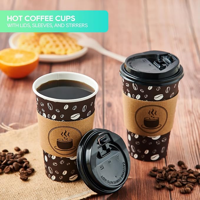 JOLLY PARTY Disposable Coffee Cups with Lids, Sleeves and Straws - 16oz(100 Pack) Paper Coffee Cups with Lids, Durable, BPA Free Hot Cup for Shops, Cafes, and Concession Stands(Dark Brown)