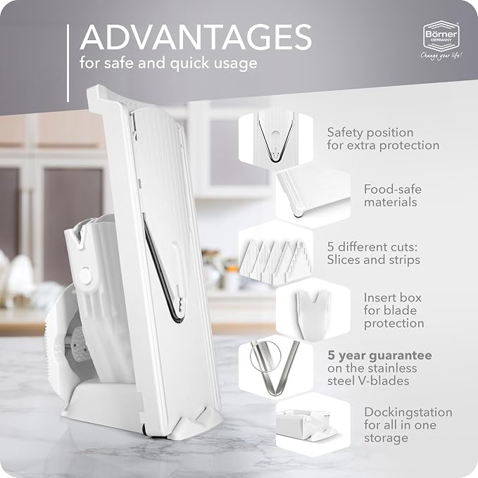 Mandoline Food Slicer Börner V3 (Profi Set) by Reston Lloyd • V-Slicer with 4 Inserts, Docking Station & Food Holder • Made in Germany • Fruit & Vegetable Chopper • Multiple Settings • Color: White