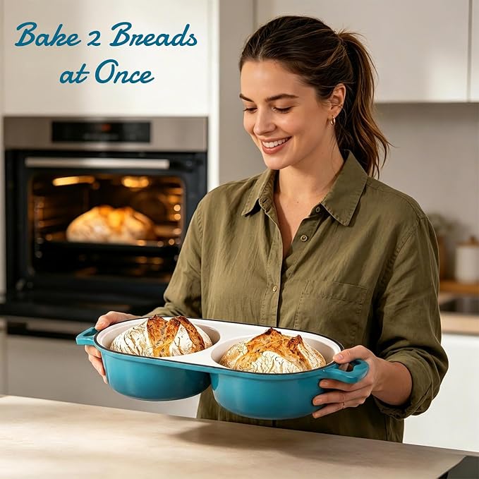 Enameled Cast Iron Double Round Bread Loaf Pot with Lid – 16cm Diameter Mini Dutch Oven for Sourdough Bread Baking, 500°F Oven Safe Non Stick Bread Pan, Double Dutch Oven for Meatloaf, Cake, Even Heating – Emerald