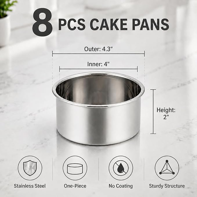 TeamFar 4 Inch Cake Pan, 8 Pcs Stainless Steel Round Baking Cake Pans Set | Layer Cake Baking Pans Set for Baking Steaming Serving, Healthy & Sturdy, Mirror Finish & Dishwasher Safe