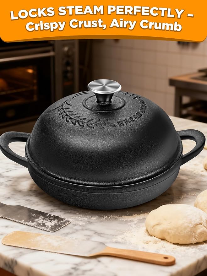 Dutch Oven Bread Baking Pot with Lid 6QT Cast Iron Design & Complete Sourdough Kit (Banneton Basket, Dough Tools, Silicone Sling) for Artisan Bread Making