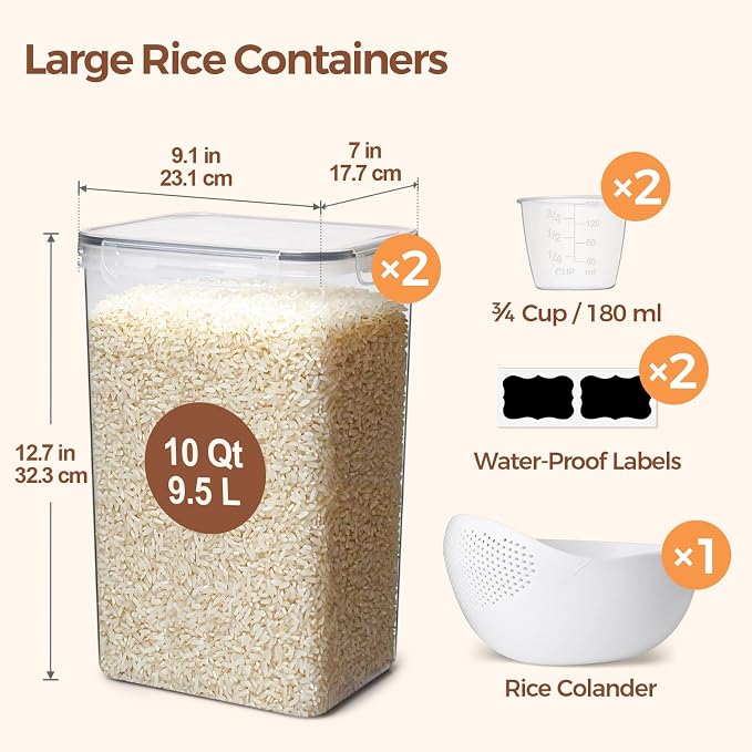 ComSaf Airtight Rice Storage Container with Lid 10Qt 2Pack, Large Capacity | 9.5L Plastic Food Canister, Rice Sugar Flour Cereal Oats Pasta, Pantry Kitchen Cabinet, Label, Scoop, Rice Washer, BPA-free