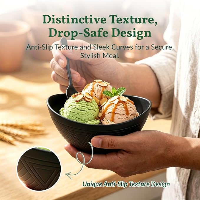 Wheat Straw Bowls 10 OZ Small Bowls Unbreakable Small Serving Bowls for Ice Cream, Snack, Dipping Side Dishes, Yogurt Microwave & Dishwasher Safe Oval Bowls for Camping, Dorm (6 PCS, Black)