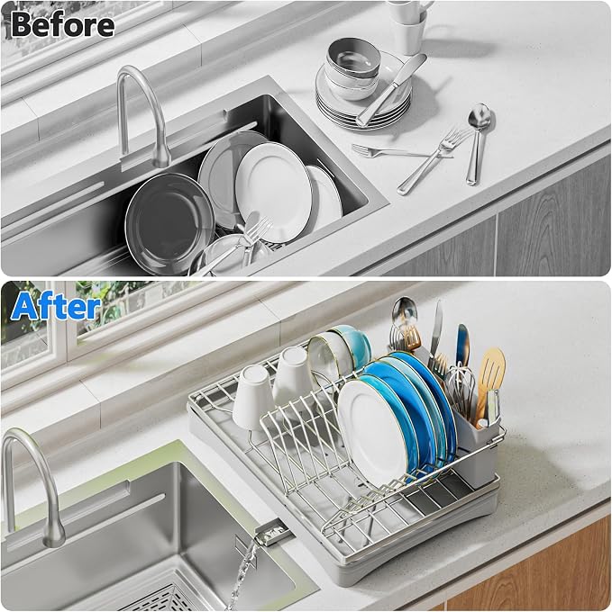 ANTOPY 304 Stainless Steel Dish Drying Rack for Kitchen Counter, Gray | Rustproof Dish Drainer with Removable Cutlery Holder, Self-Draining Drainboard, Compact Kitchen Drying Rack, 16.5''Lx11.8''W